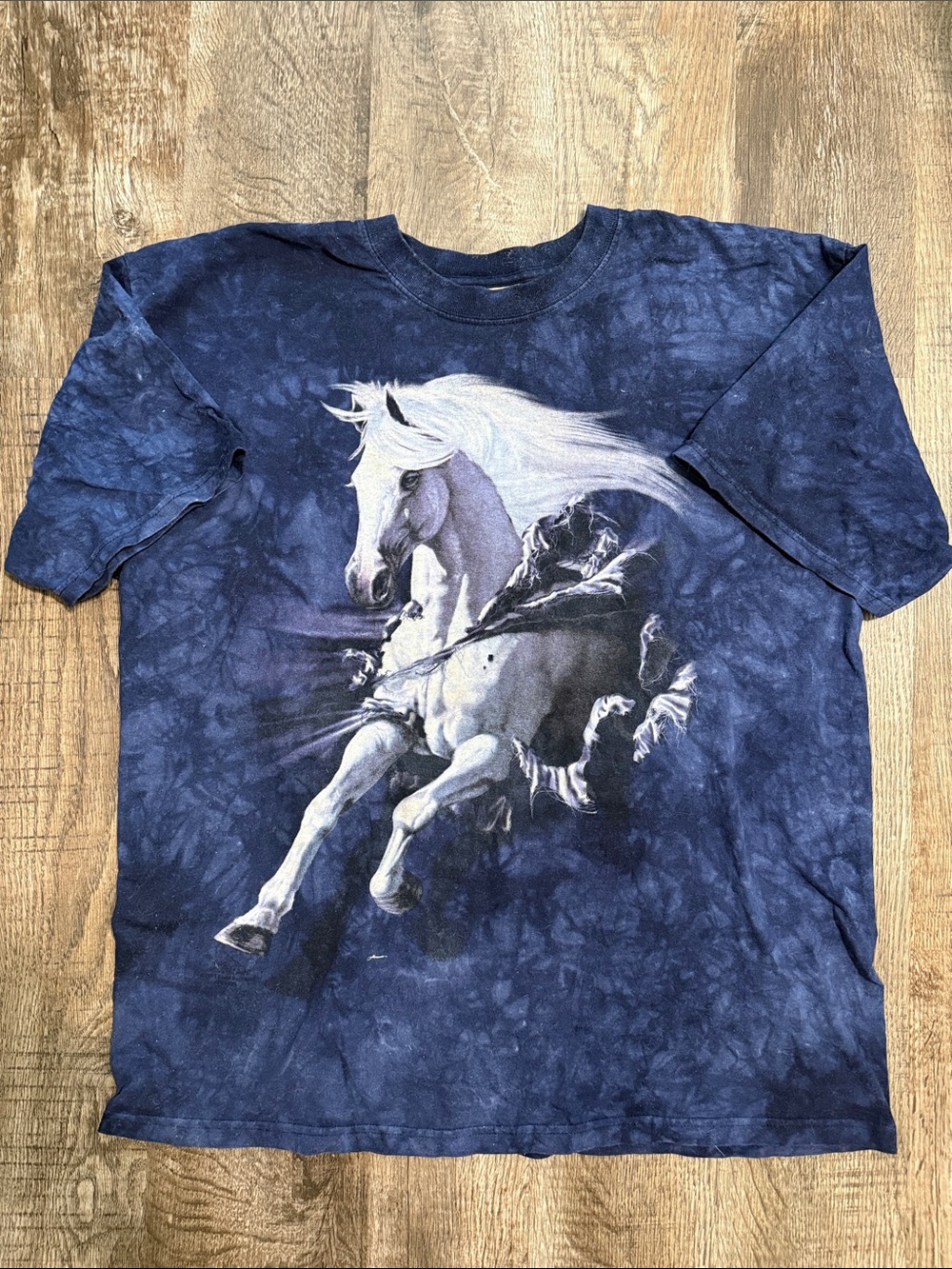 The Mountain Navy Blue Tie-Dye Tee with White Horse Graphic Men Unisex Large